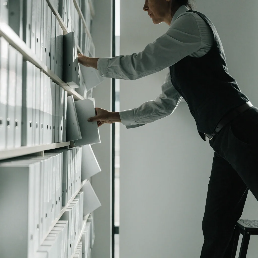 Blank uncoated paper sheets stacked beside a steel ruler on a pale workbench under cool raking light