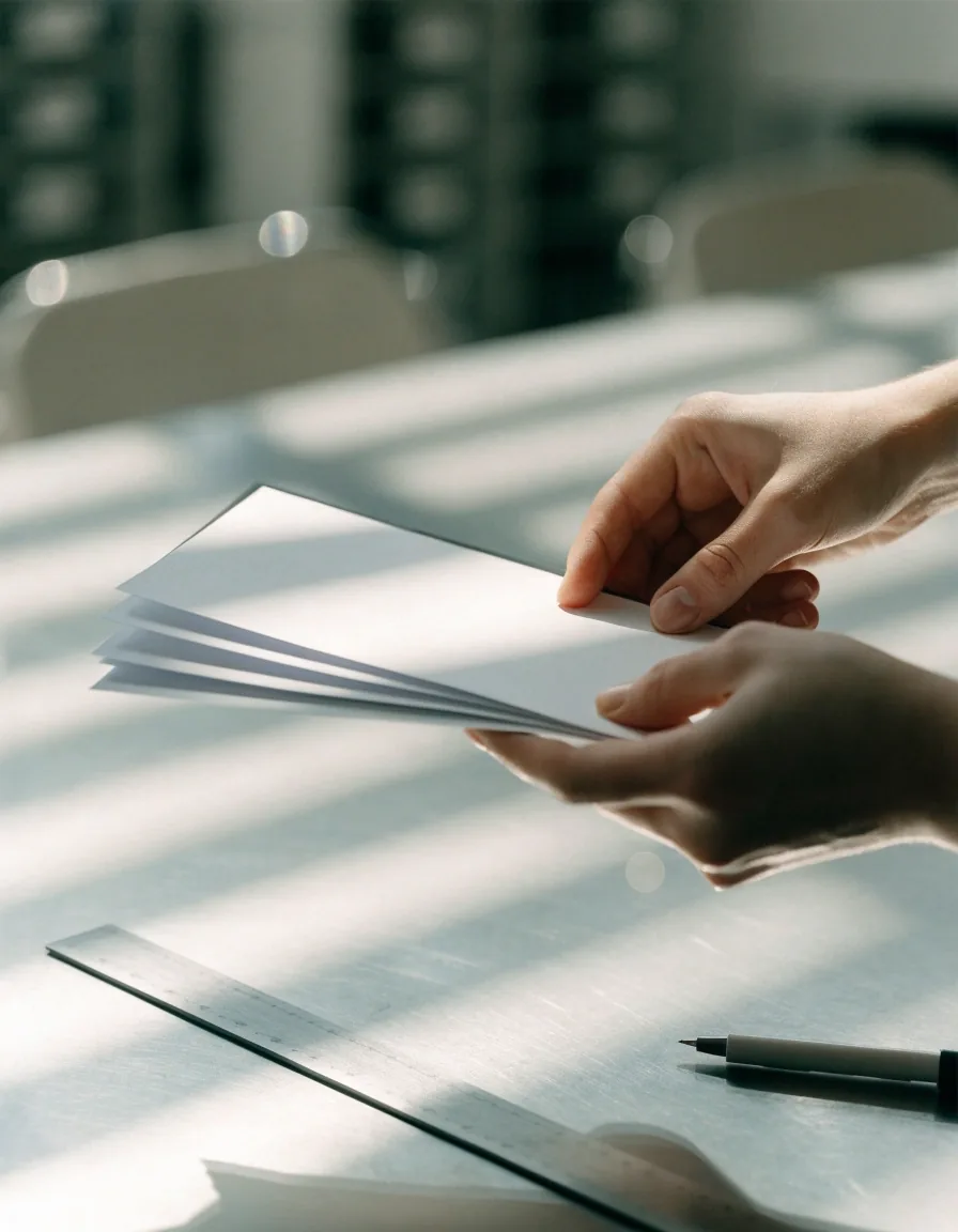 Open three-ring binders with blank pages laid along a steel workbench under cool daylight