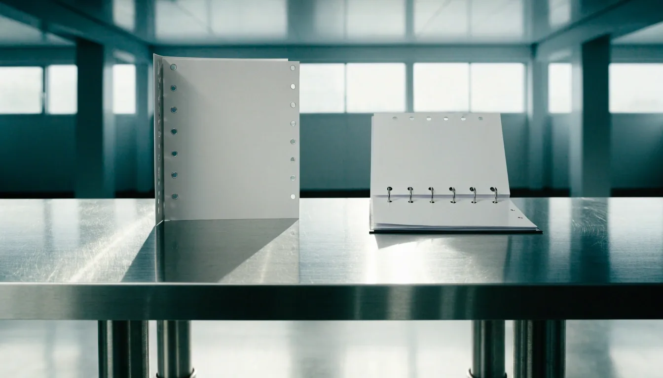 Two open binders side by side on a steel bench, one standing square and one lying flat