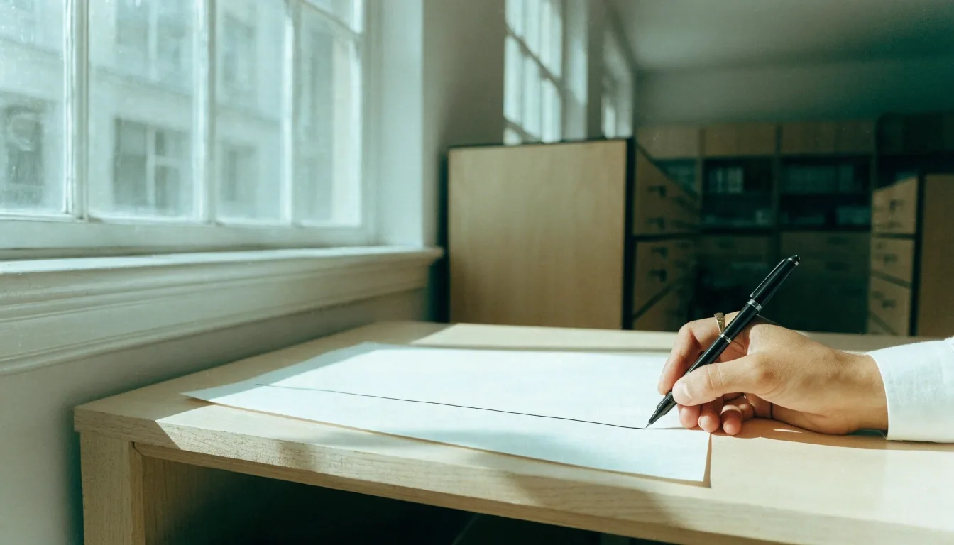 A fine liner pen tip drawing a hairline rule across blank uncoated paper