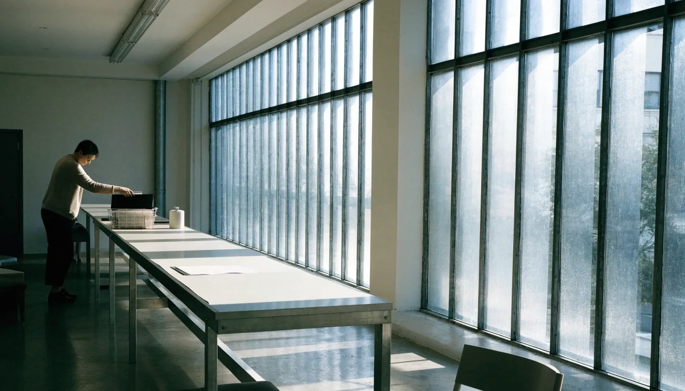 A wide view of a pale steel workbench with an open blank binder under cool afternoon daylight