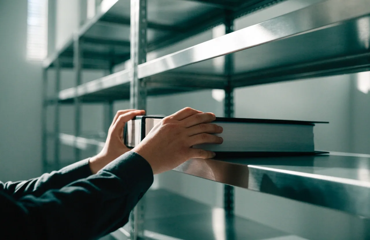 A hand resting on a blank binder spine beside a steel rule on a work table