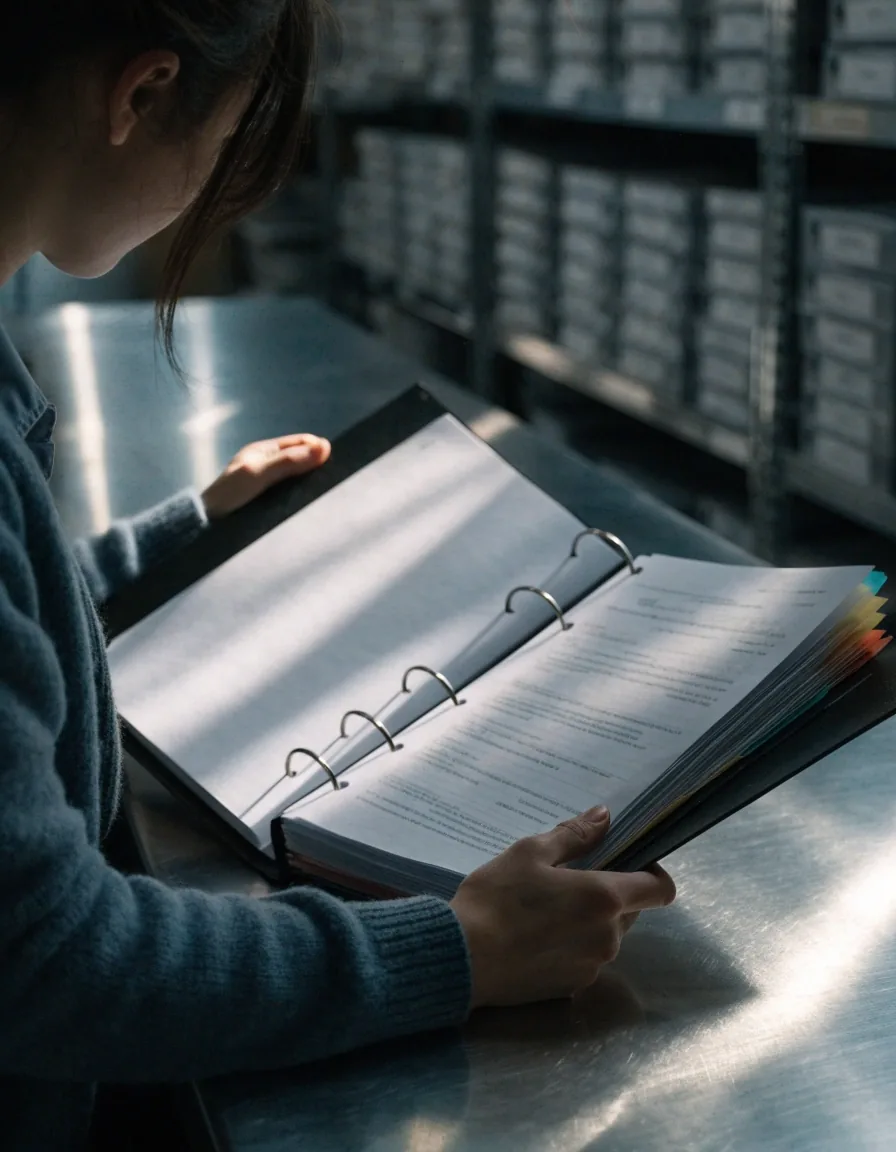 An open three-ring binder with blank pages resting on a steel workbench in cool daylight