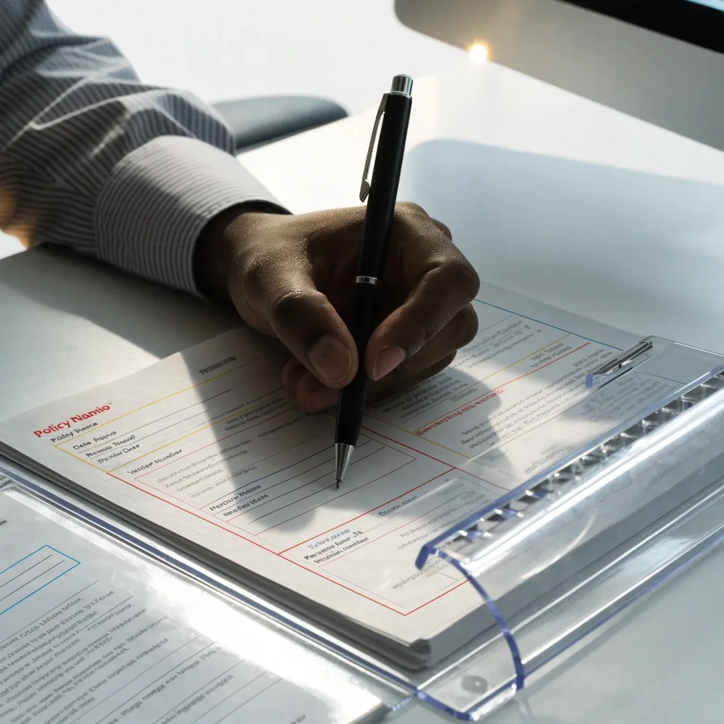 Open binder and steel rule on a workbench under flat daylight, the working surface for drafting a policy clause