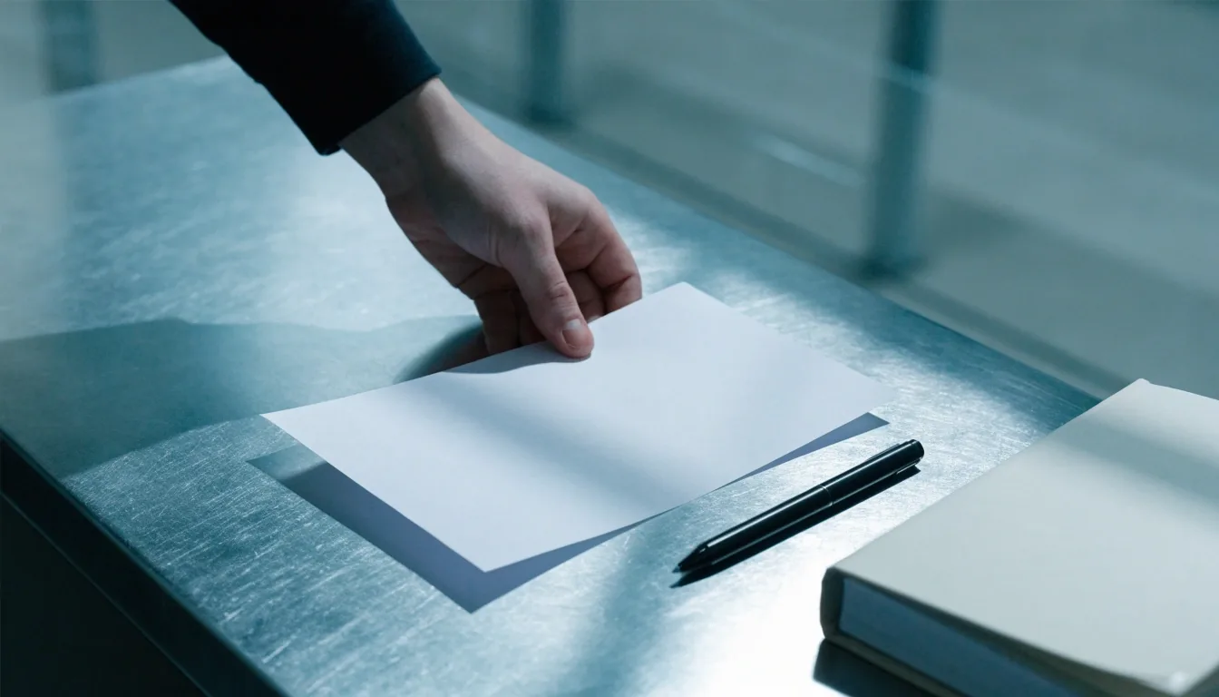 Stack of blank stapled procedure pages squared on a steel bench beside a fine liner pen