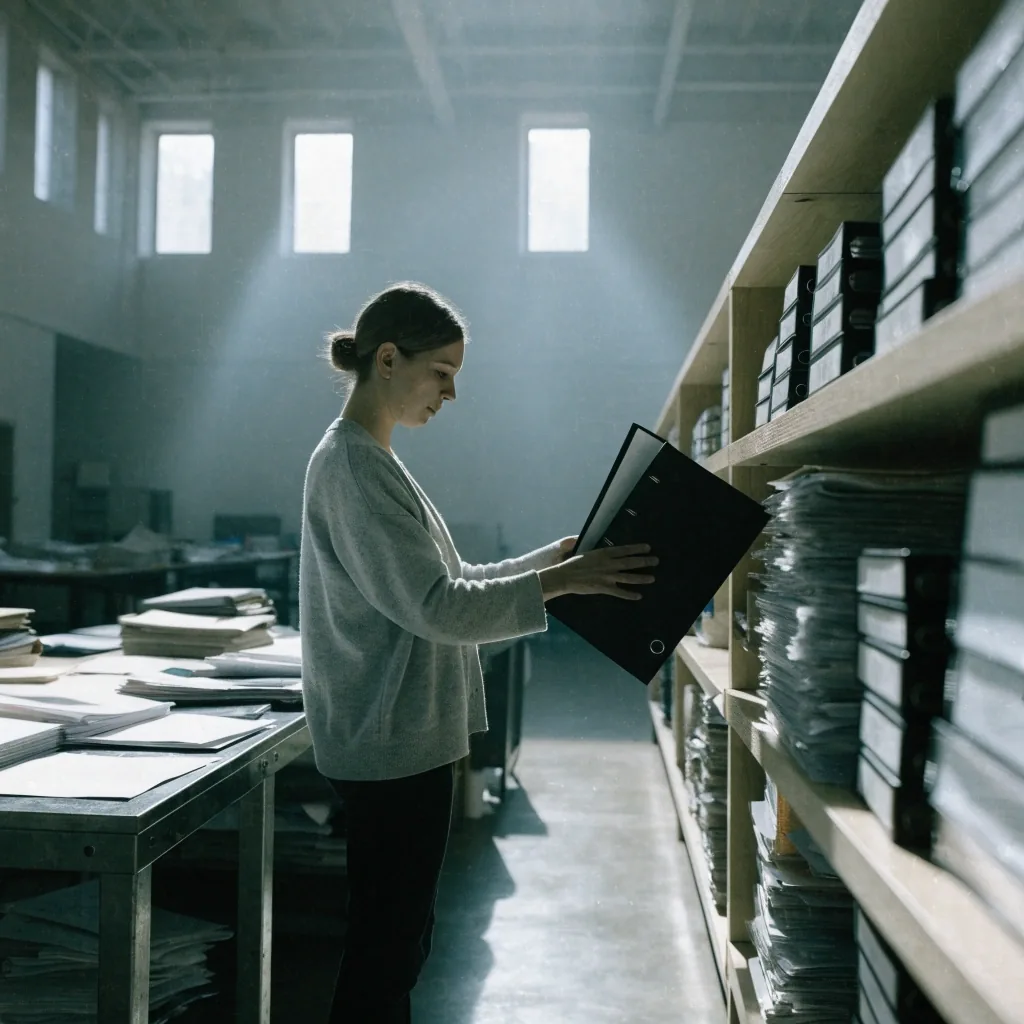 A closed policy binder on a steel workbench in flat afternoon light