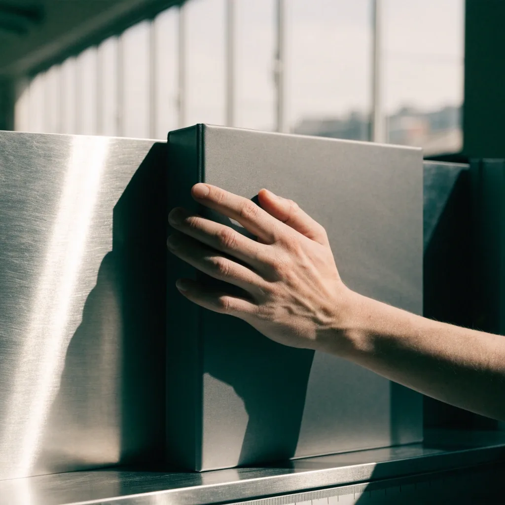 A hand resting on a blank binder spine beside a steel rule