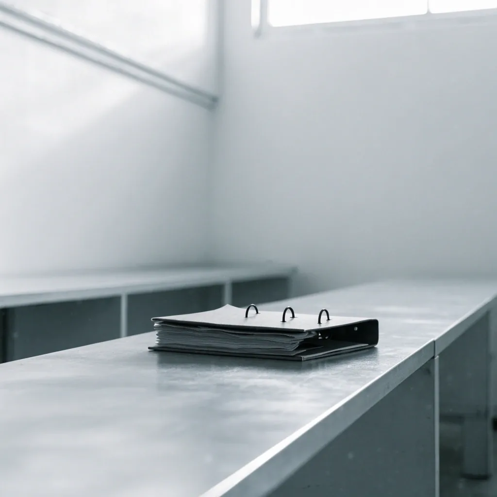 A closed binder on a pale steel workbench in a quiet documentation room, lit by cool daylight