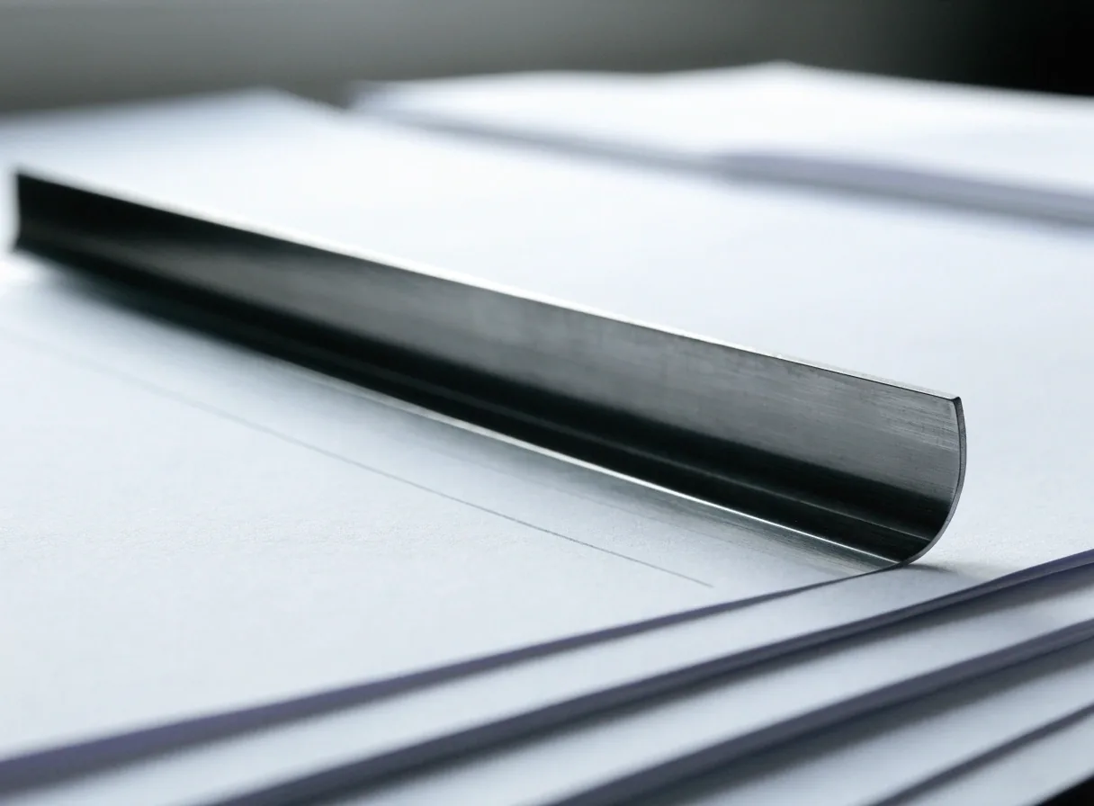 Macro view of blank paper with a hairline rule drawn across it beside a steel straight edge in cool daylight